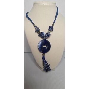 Blue Stone Donut Pendant Necklace Sodalite Style Chip Beads Suede Cord